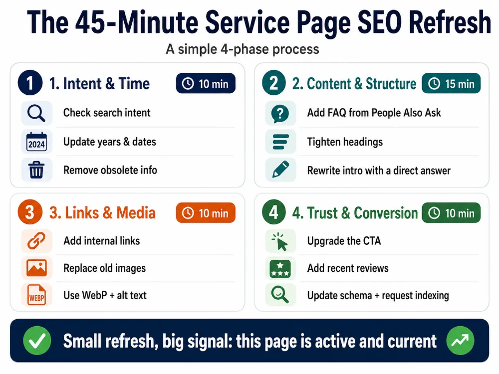 Infographic outlining a 45-minute service page SEO refresh with four phases: intent and time, content and structure, links and media, and trust and conversion.