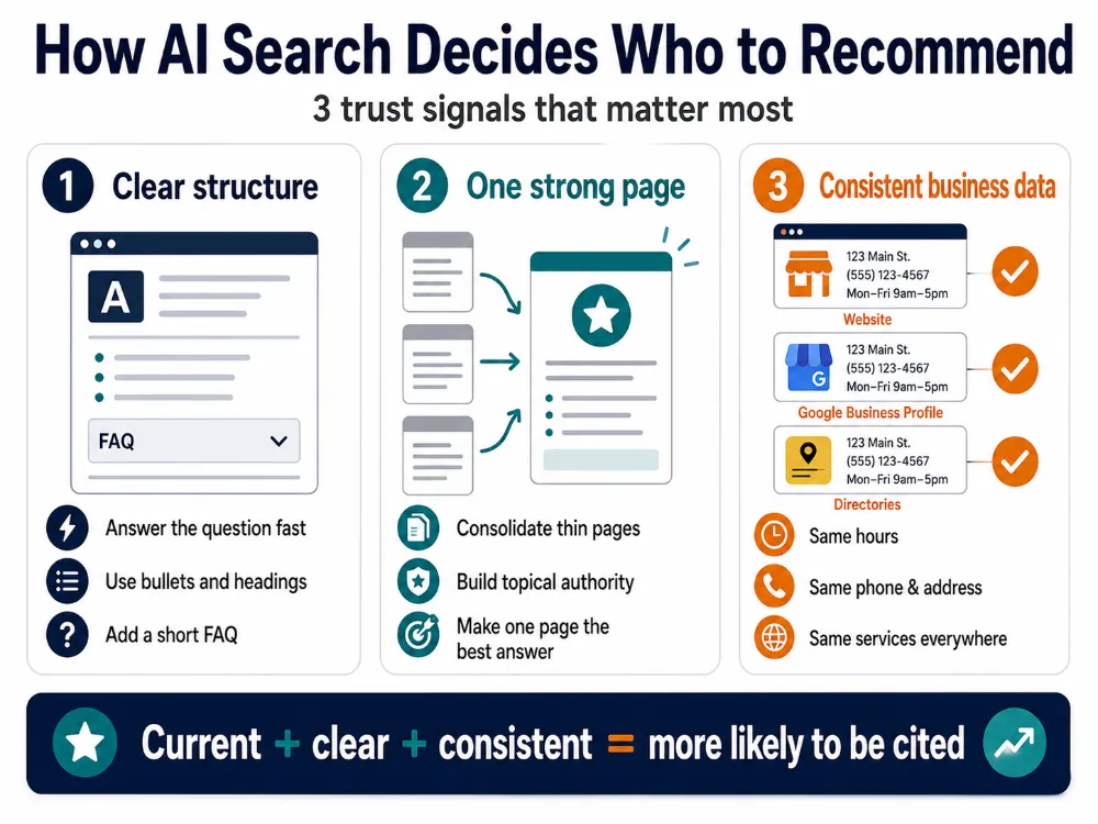 Infographic explaining three trust signals AI search engines use to recommend businesses: clear structure, one strong page, and consistent business data.