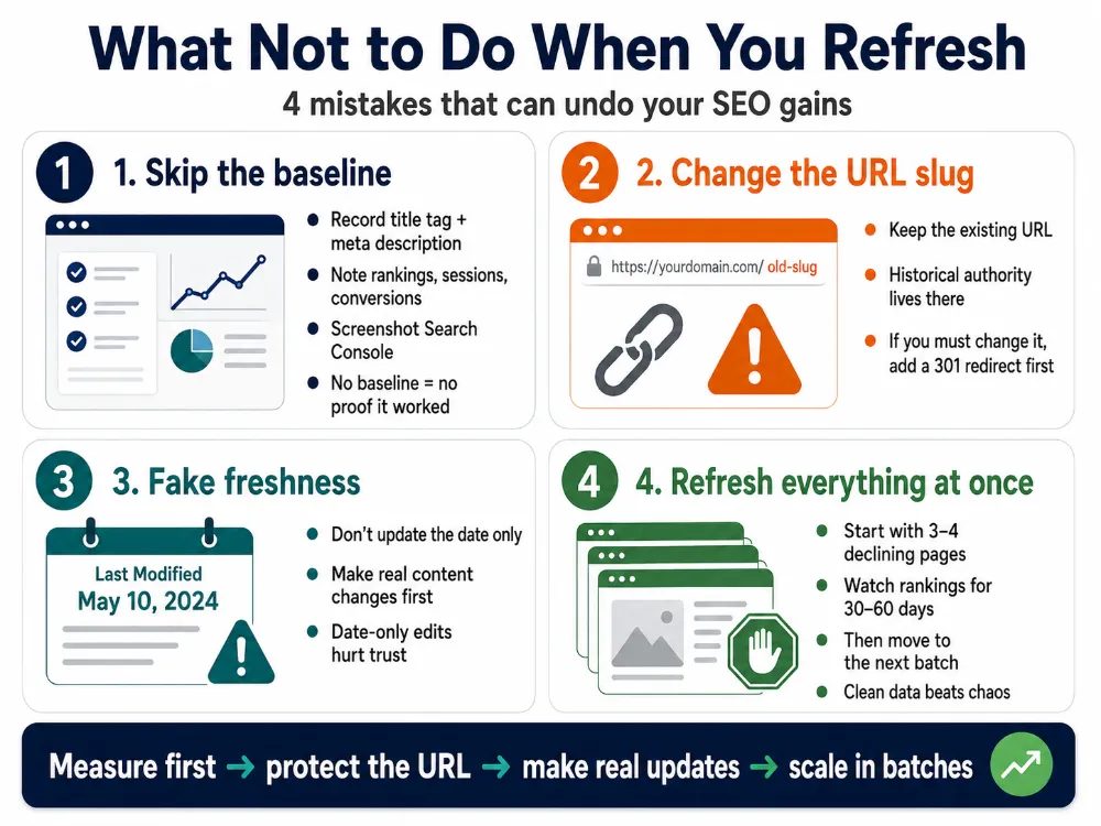 Infographic showing four service page SEO refresh mistakes to avoid: skipping the baseline, changing the URL slug, faking freshness, and refreshing too many pages at once.