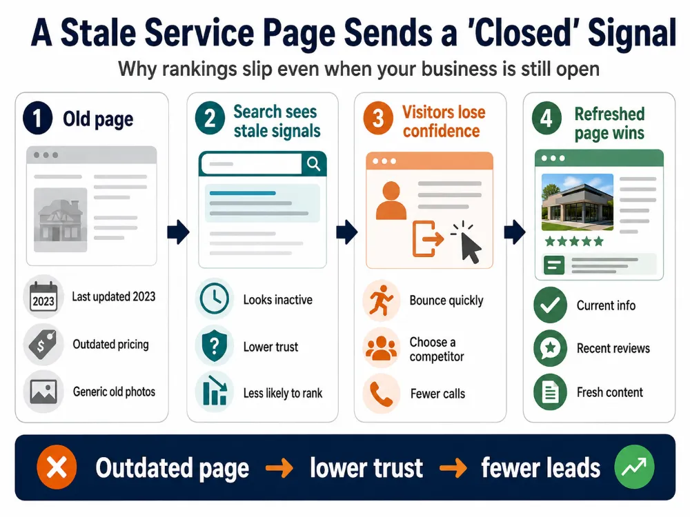 Infographic showing how an outdated service page creates stale search signals, lowers visitor trust, and leads to fewer calls, while a refreshed page improves confidence.