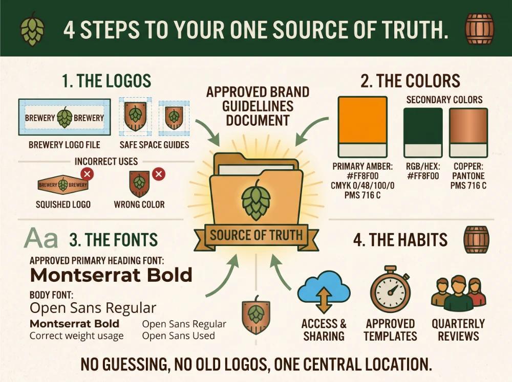 Infographic diagram outlining the four elements of a central brand guidelines library: approved logos, color codes, standard typography, and team asset-sharing habits.