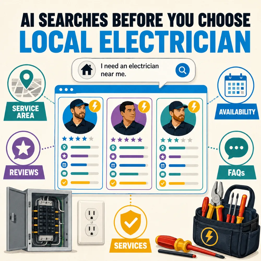 AI comparing local electricians based on services, reviews, availability, FAQs and service area
