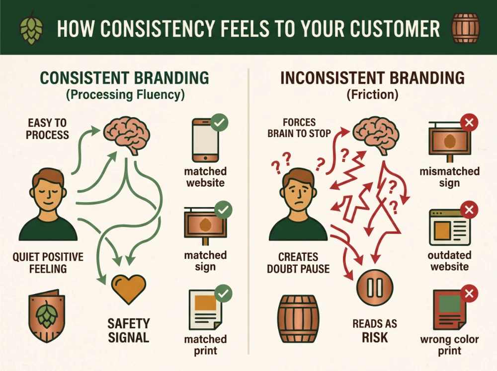 Infographic comparing consistent branding that creates effortless processing fluency and trust versus inconsistent branding that causes confusion, doubt, and friction.