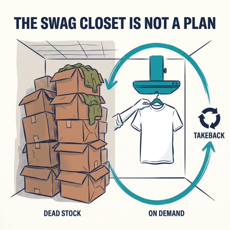 Illustration contrasting stacked boxes of dead stock merchandise with an on-demand press and a takeback loop.