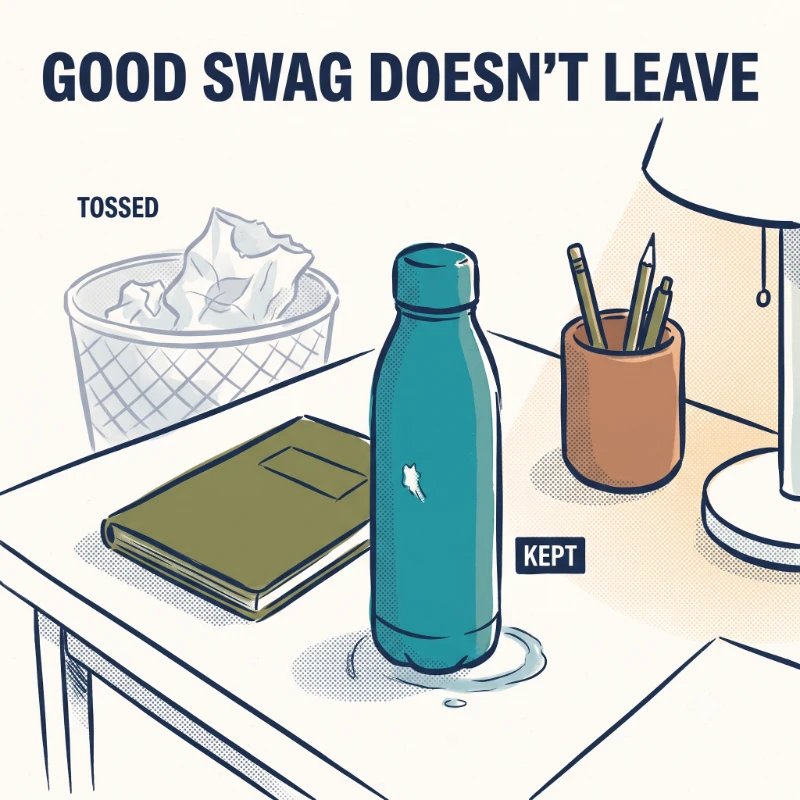 : Illustrated desk with a well-used branded bottle kept in daily rotation and a flimsy giveaway in the wastebasket.