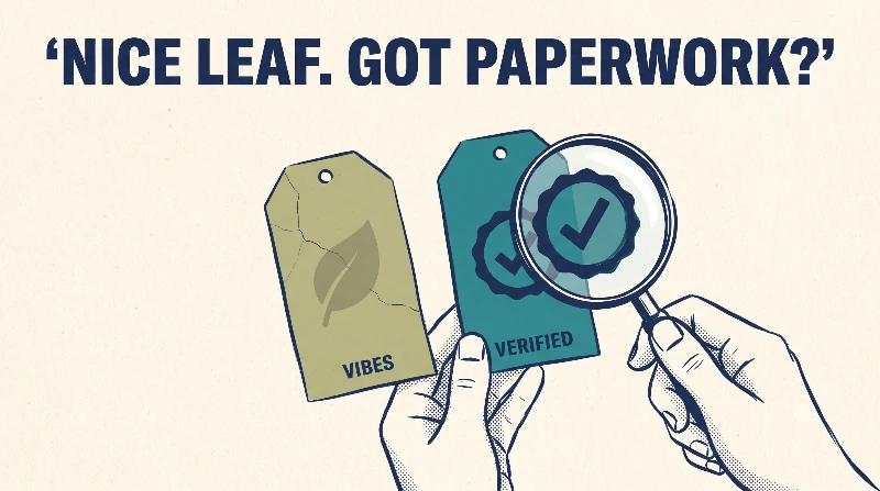 Illustration comparing a vague leaf hangtag labeled vibes against a certified seal hangtag labeled verified.