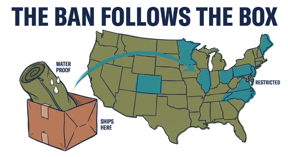 Illustrated US map with restricted states highlighted and a parcel shipping a water-resistant jacket into one.