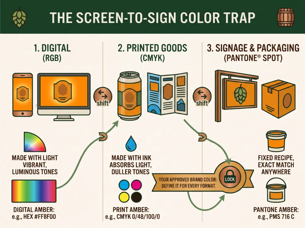 Color management flowchart showing how brand colors shift between digital RGB screens, printed CMYK cans, and Pantone spot color physical signage.