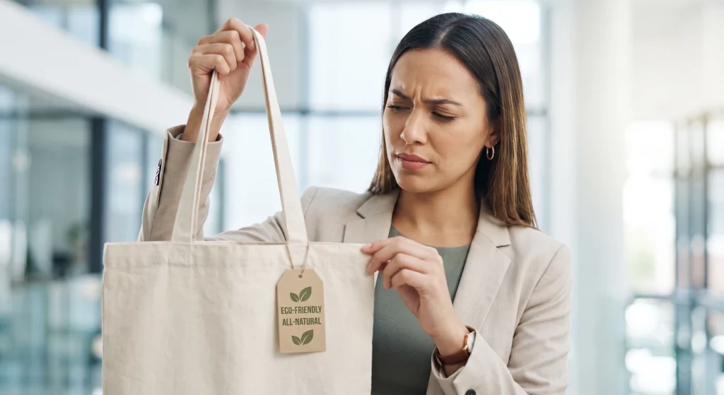Buyer examines a blank hangtag on a canvas tote at a promotional products supplier sample table.