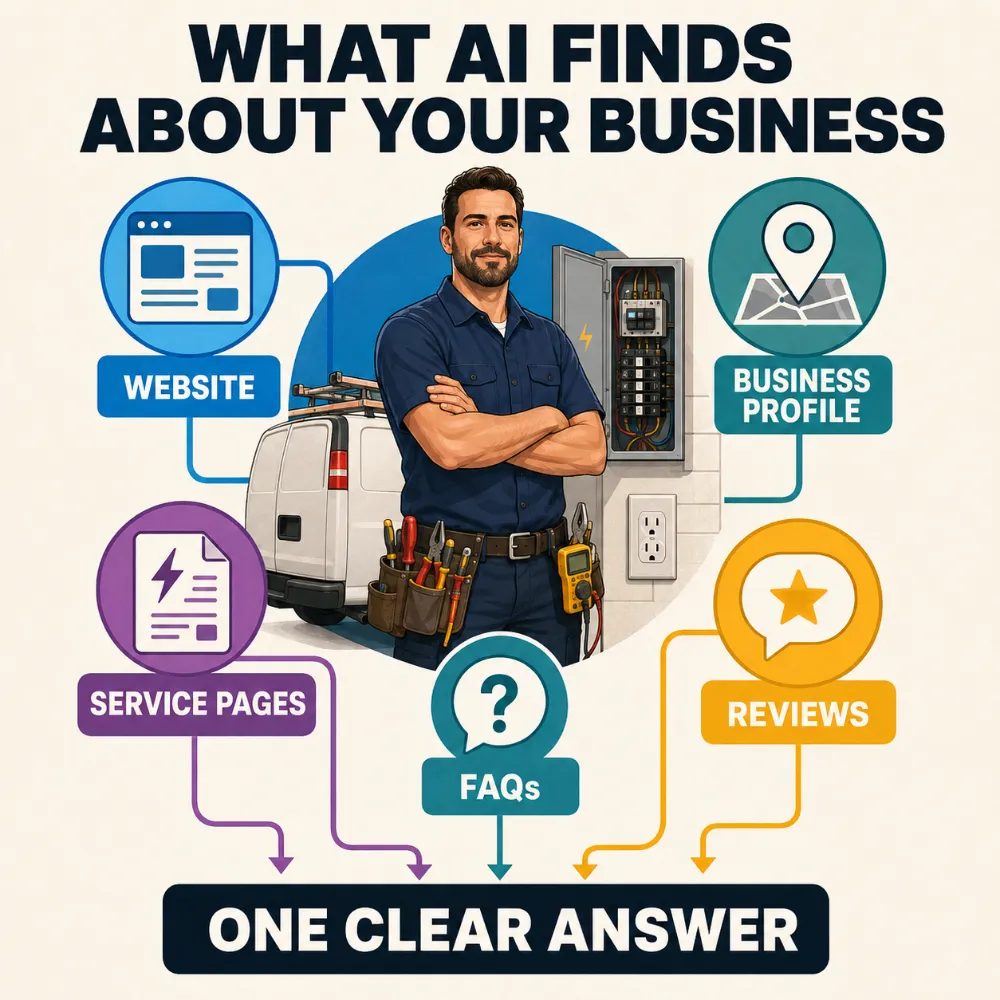 Infographic showing how AI evaluates an electrician’s website, local listings, reviews, services and FAQs