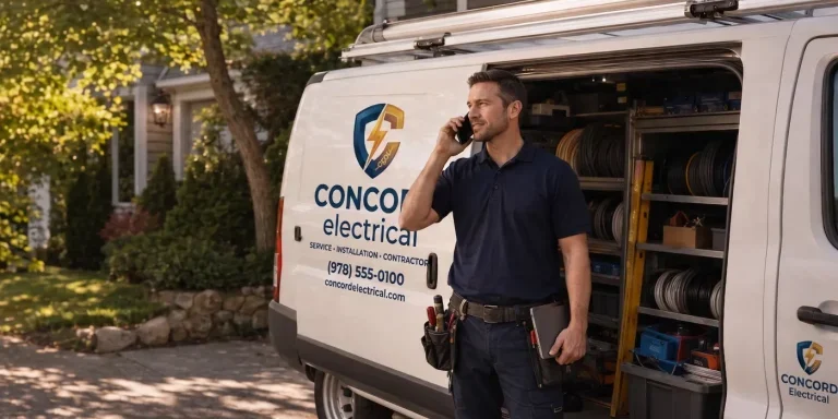 Electrician taking a customer call beside a Concord Electric service van in a New England neighborhood