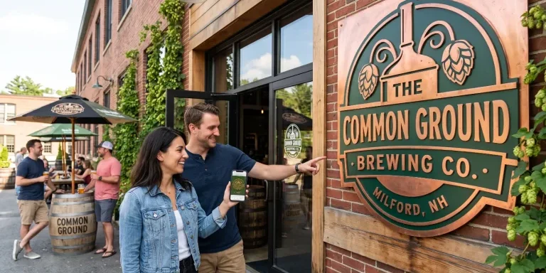A couple outside The Common Ground Brewing Co. taproom in Milford, NH, comparing matching branding on a smartphone website to the copper and green storefront sign.