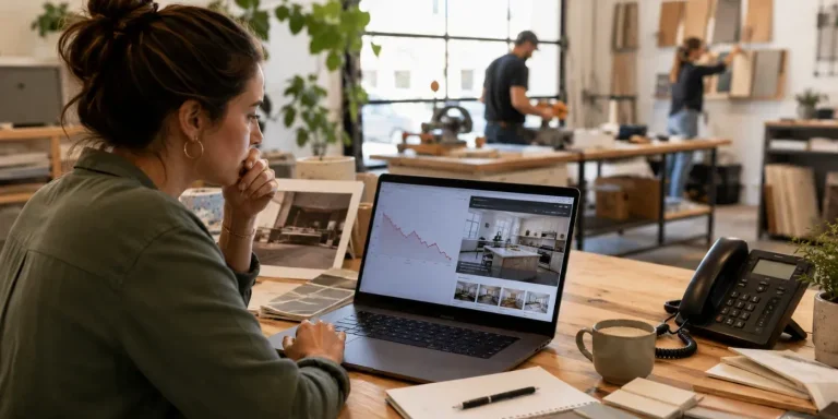 Business owner reviewing a declining website performance chart on a laptop while the active team works in the background, showing how an outdated service page can quietly hurt leads.