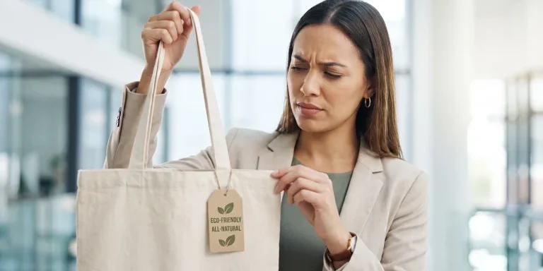 Buyer examines a blank hangtag on a canvas tote at a promotional products supplier sample table.